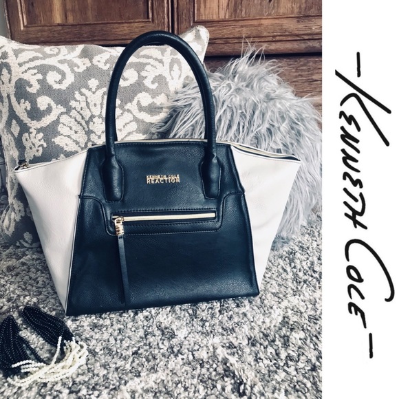 KENNETH COLE Large Leather Tote Bag - Black/White